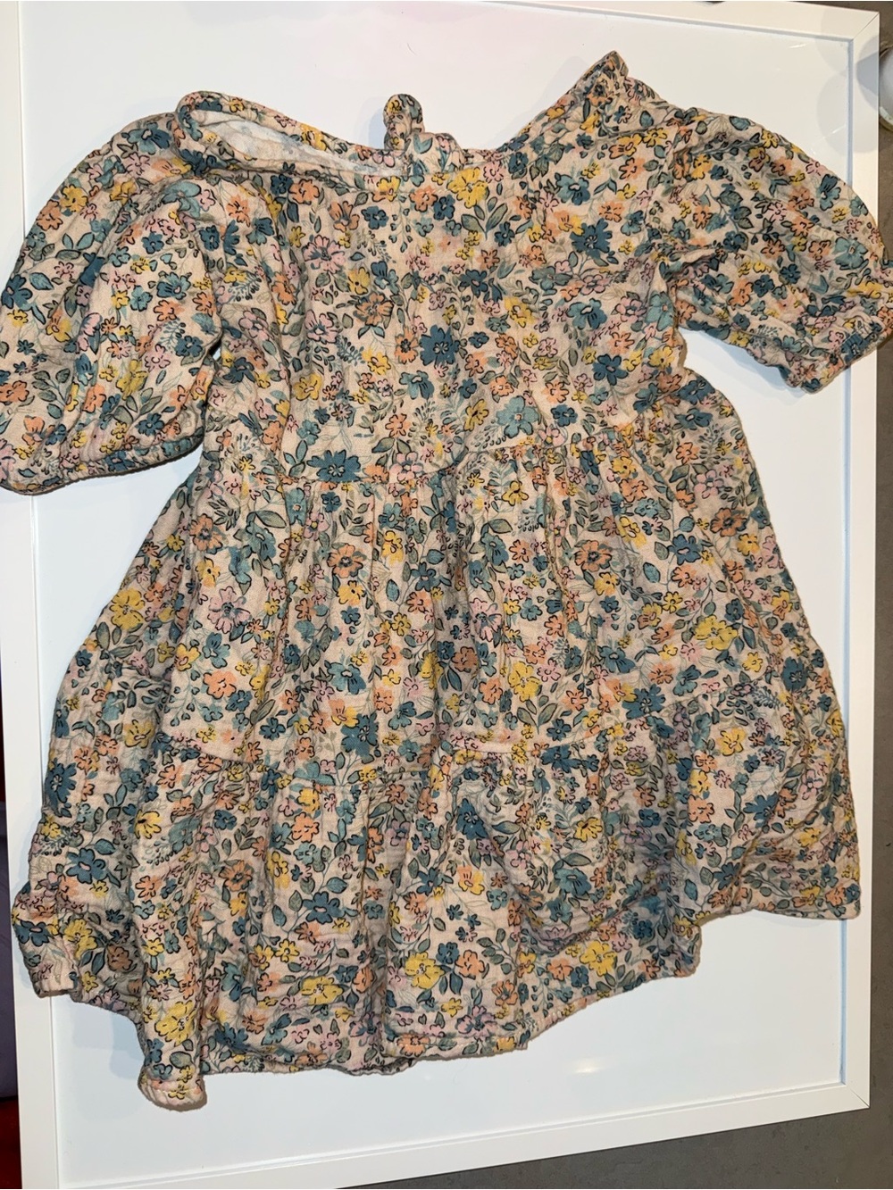 BearPaw Floral Puff-Sleeve Dress in Cream, Blue, Yellow